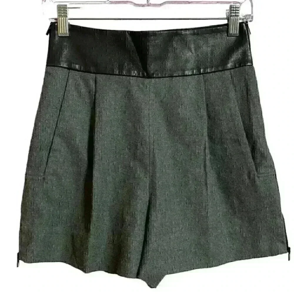 Diane Von Furstenberg Dawn Shorts 0 Grey Casual Luxury Wool Blend Leather Trim